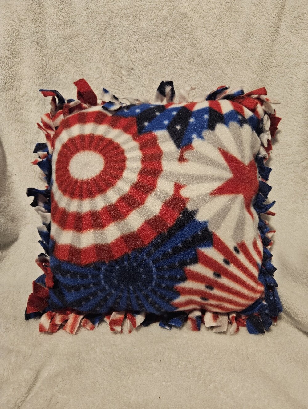 Handmade no sew patriotic red, white & blue fleece accent pillow.